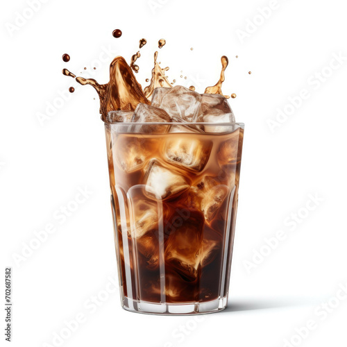 A glass of freshly brewed iced coffee with a splash of cream isolated on white background