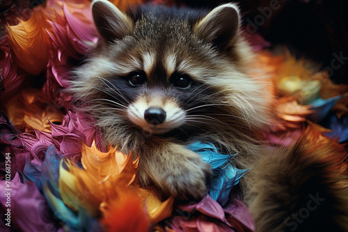 A raccoon with fur made of rainbows.