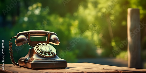 Vintage old telephone present in green beautiful garden and on the wooden bentch with sun light on the background with trees Ai Generative photo