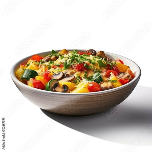 A bowl of freshly cooked omelette with a variety of vegetables isolated on white background