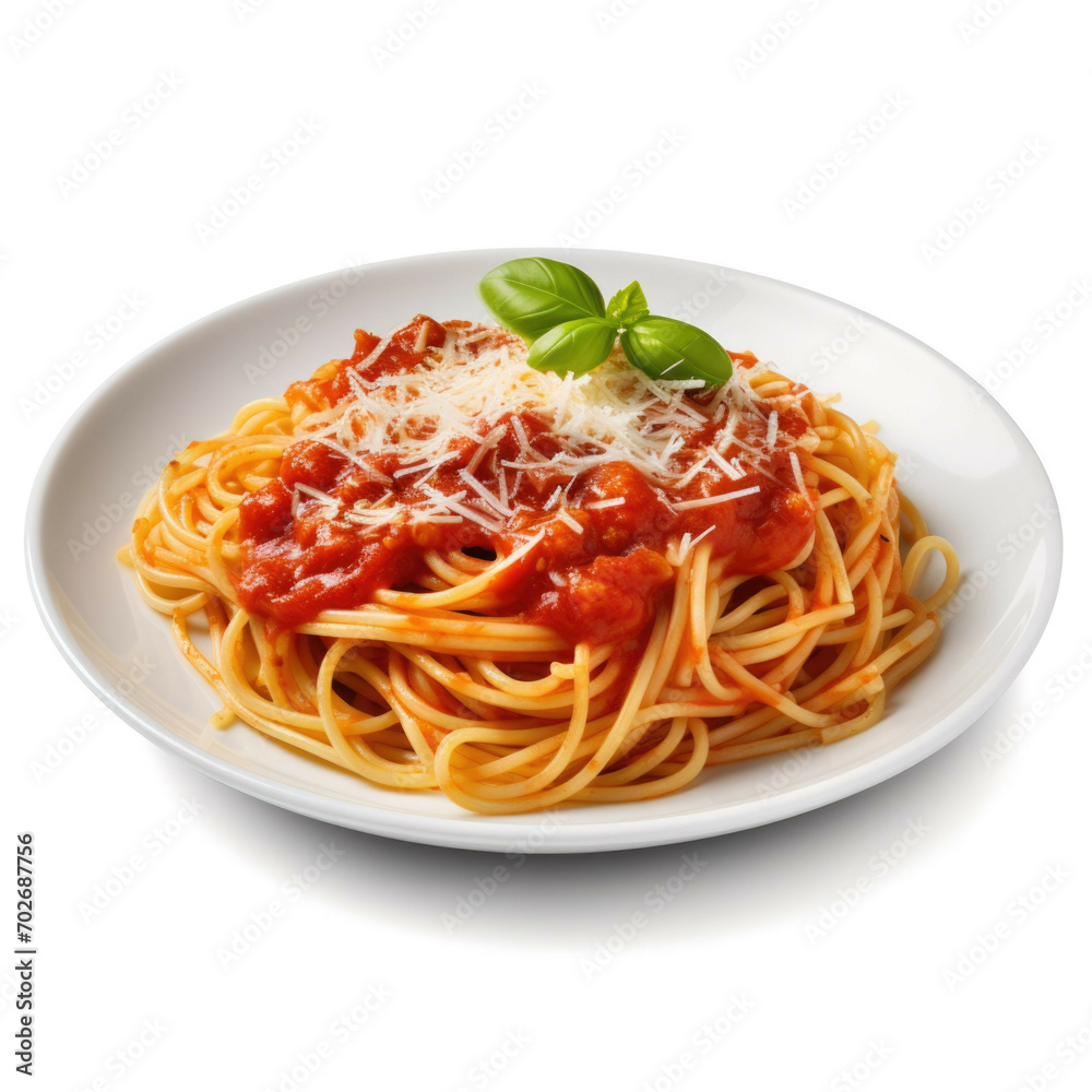 A plate of spaghetti with tomato sauce and freshly grated cheese, isolated on white background