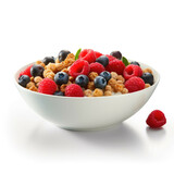 A bowl of cereal with fresh berries, isolated on white background
