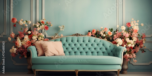 Enchanting backdrop photoshoot baby and adult floral design Formal sitting room feauturing gothic and victorian wallpaper for accent wall Ai Generative photo