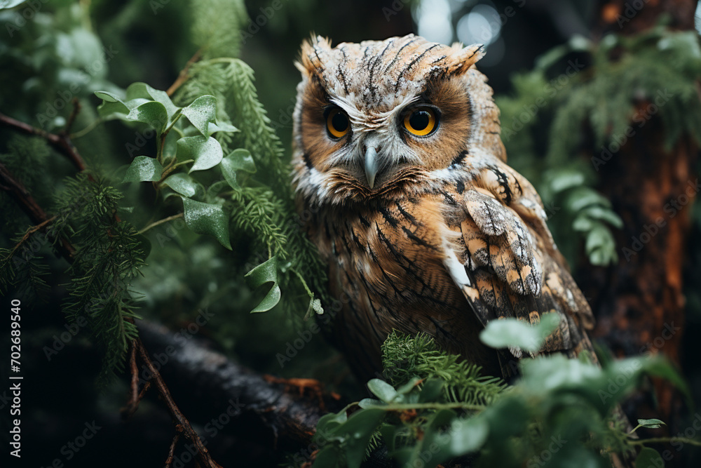 Obraz premium A Mottled Owl nestled among the branches, its mottled brown and white feathers blending perfectly with the bark.