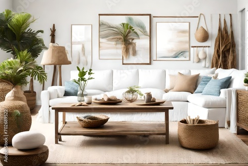 A coastal bohemian living room with a blank frame, accentuating a white sofa, wooden coffee table, and a mix of beachy decor elements. © NUSRAT ART