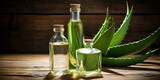 Natural cosmetic products, aloe vera lotions, Spa composition with aloe vera essential oil, bottle of Sotol Mexican alcohol with Dasylirion wheeleri plant in background, generative AI

