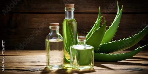 Natural cosmetic products, aloe vera lotions, Spa composition with aloe vera essential oil, bottle of Sotol Mexican alcohol with Dasylirion wheeleri plant in background, generative AI

 photo