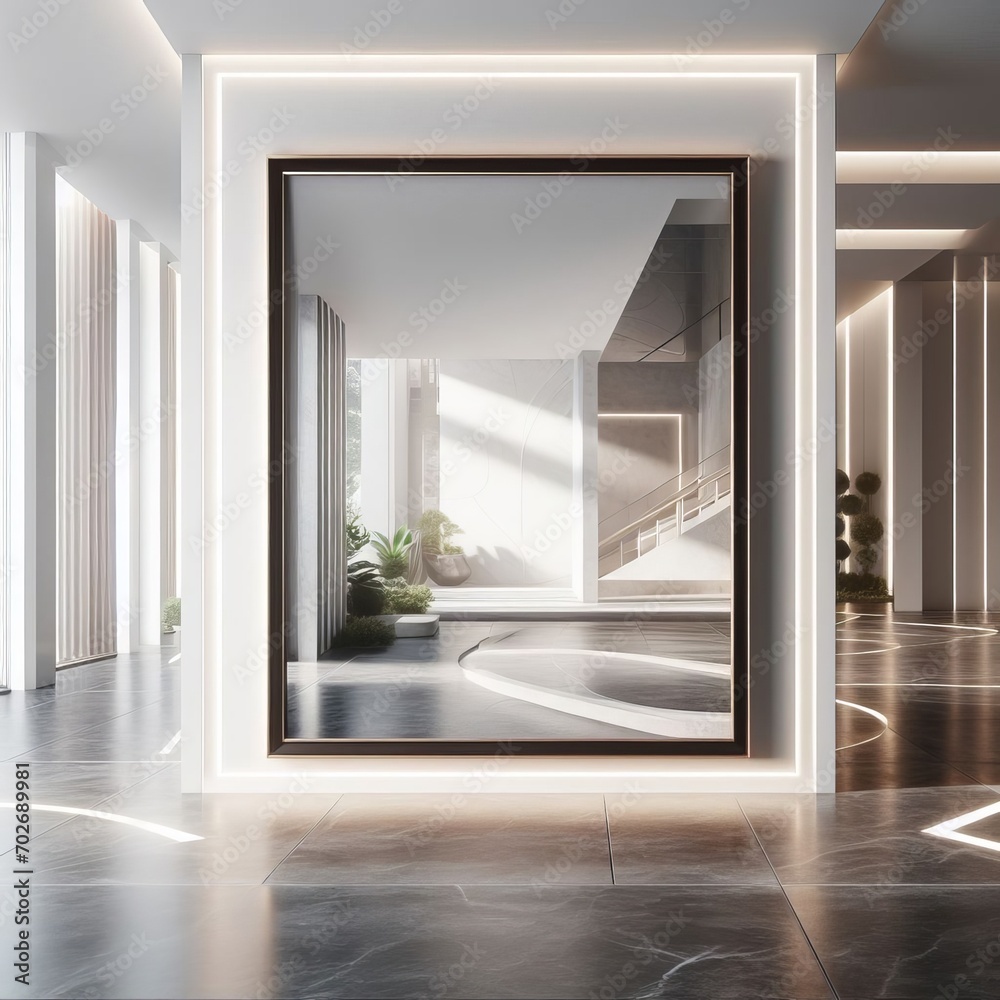 Fototapeta premium A mirror hangs on the wall of a hi-tech house, the floor is made of marble slabs and white light mockup
