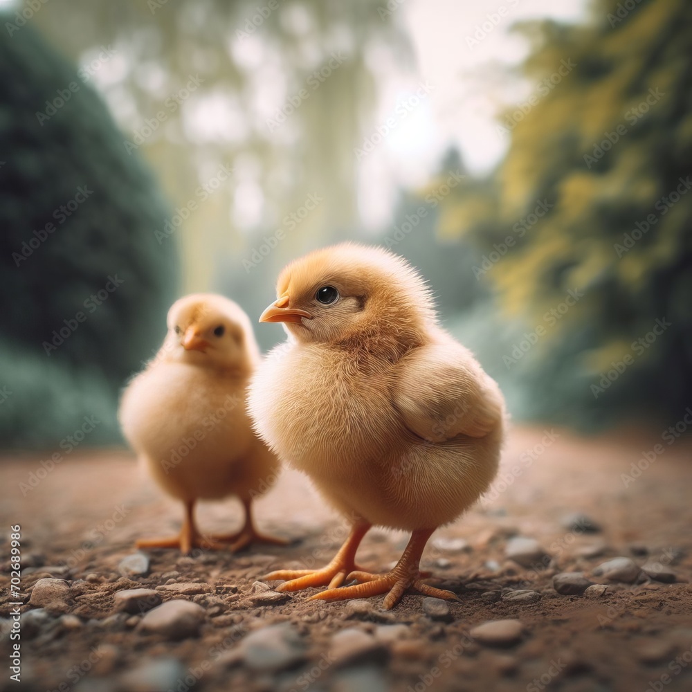 A small chikens stands on the path, blured background, beautiful scene. Close up.