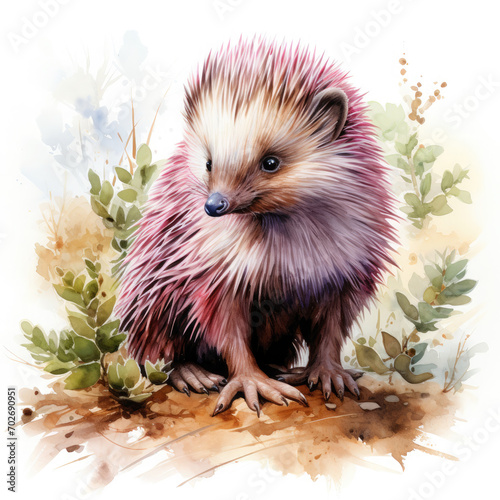 Watercolor Colorful Echidna Illustration, Generative Ai photo