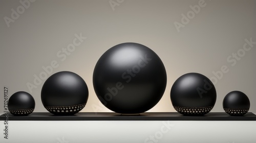 Black spheres in a minimalist space. Trendy black round-shaped object. 