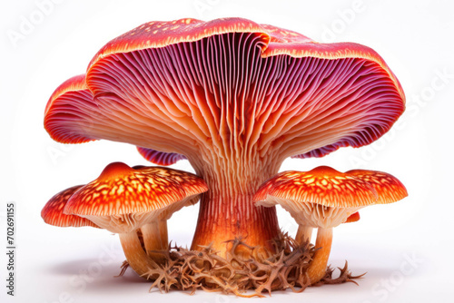 A closeup of a mushroom with its vibrant colors and intricate details, isolated on white background