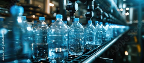 Automated machine pours water into plastic bottles at beverage plant.