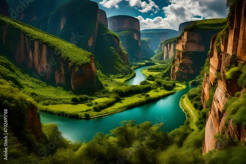 A meandering river cutting through a valley  surrounded by towering cliffs and vibrant greenery  under a clear blue sky.