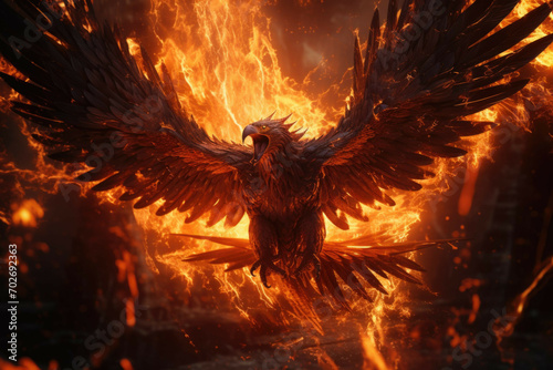 A phoenix rising from a burning pyre  with sparks and flames flying around it