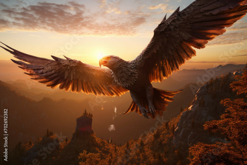 A griffin flying over a mountain range at sunset © Michael Böhm