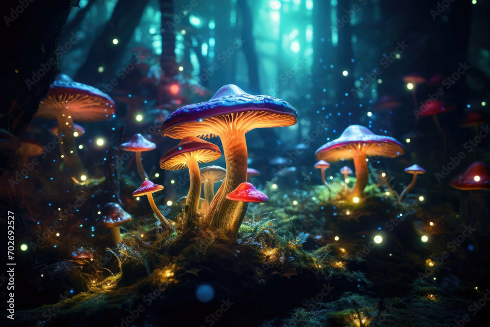 A magical forest, filled with glowing mushrooms and mysterious plants
