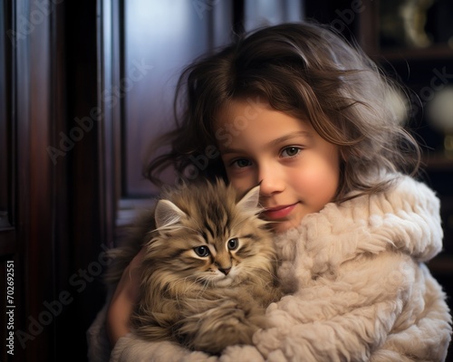 Girl holds tabby kitten forming a cute bond and sharing love in a heartwarming moment  pet photography