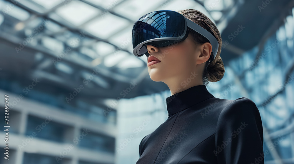 Woman with VR headset in modern space. Woman with VR headset in modern space.