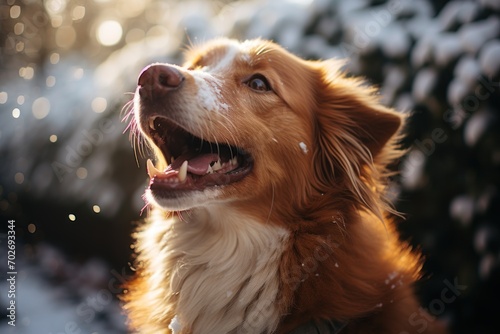 Playful dog excitedly gazes at snow with mouth wide open, pet photography © Ingenious Buddy 
