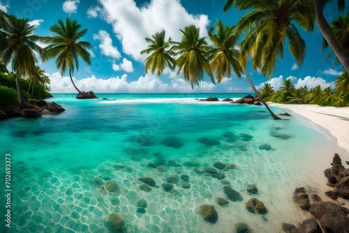 A panoramic view of a secluded beach with palm trees swaying in the breeze and turquoise waters lapping at the shore.