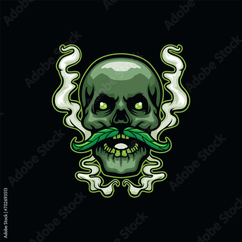 Green skull with leaf moustache and smoke illustration