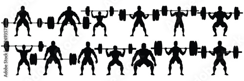 Bodybuilder fitness and gym silhouettes set, large pack of vector silhouette design, isolated white background