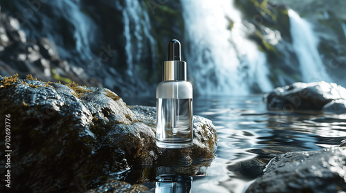 Facial serum by a waterfall, nature meets beauty