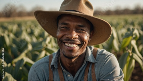 A smiling Black man in farmer attire stands in a lush field, wearing a cap, representing the heartwarming essence of rural life.