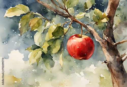 AI generated illustration of a red apple hanging on a branch of a tree in watercolor