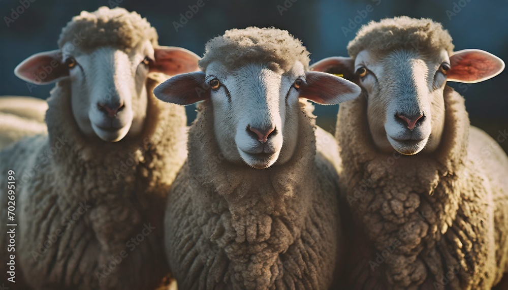 AI-generated illustration of white sheep standing side by side looking at the camera