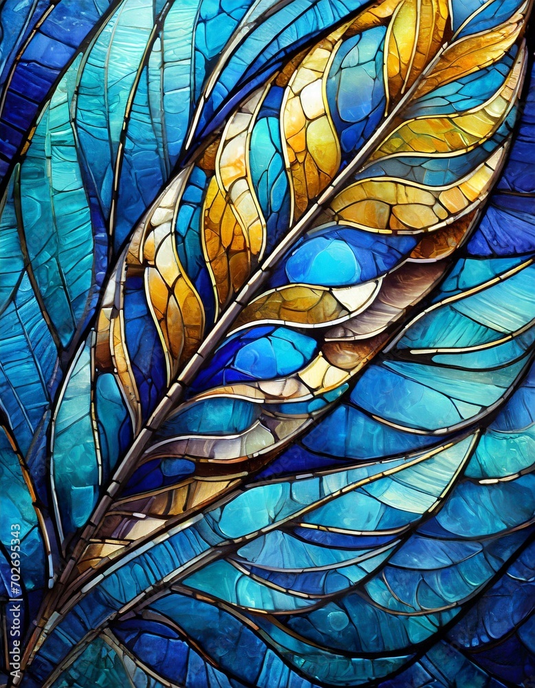 AI-generated illustration of an artistic stained glass mosaic of feathers in shades of blue and gold