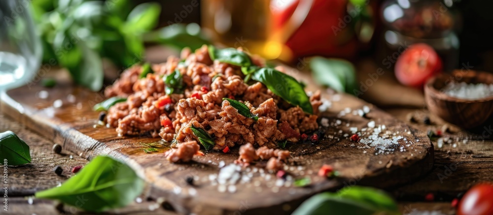Selective focus on wooden board with minced chicken or turkey, basil, and spices.