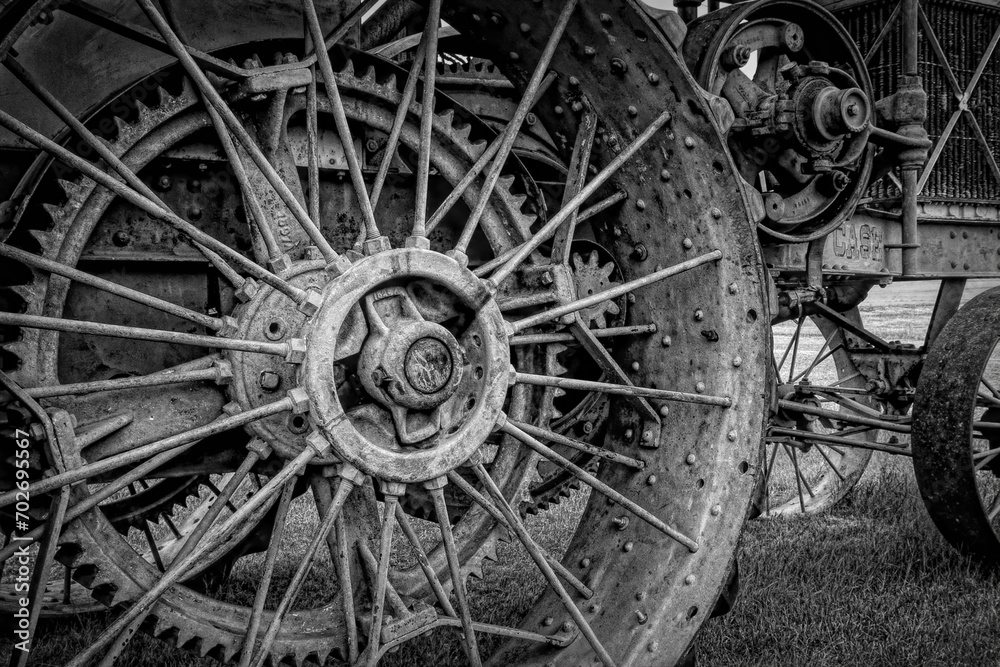 Close-up of a metal tractor wheel in Plentywood, Montana Close-up of a metal tractor wheel in Plentywood, Montana