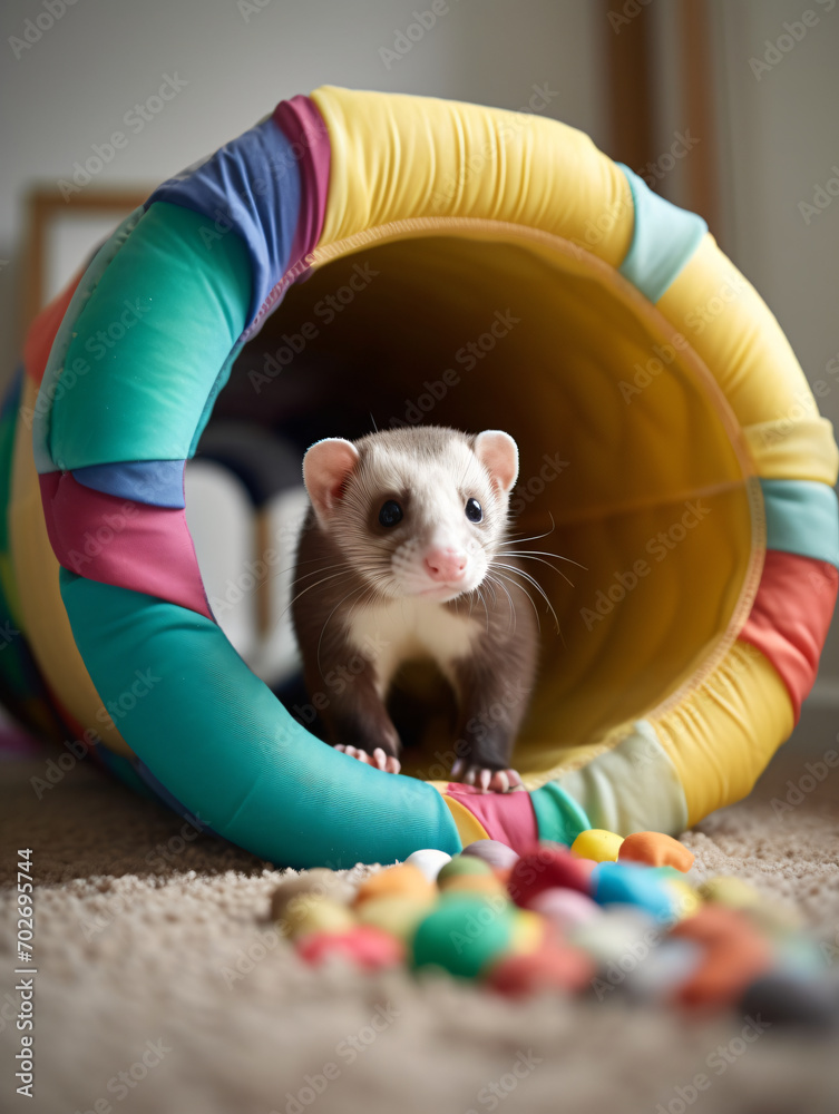 A heartwarming moment of a pet ferret playfully exploring a tunnel