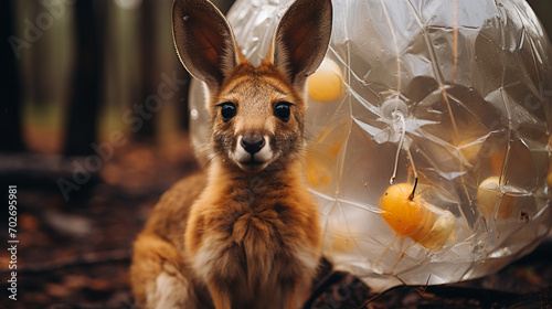 An endearing scene of a bubble wrap kangaroo with a tiny joey in its pouch.