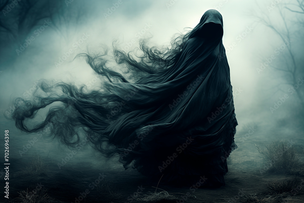woman wearing a hooded cape, long flowing black cloak, and black hair in an - obrazy, fototapety, plakaty 