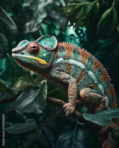 A captivating shot of a pet chameleon, blending seamlessly into a vibrant, tropical backdrop of exotic plants. Showcase the reptile's color-changing abilities and the enchanting harmony with its surro © Possibility Pages