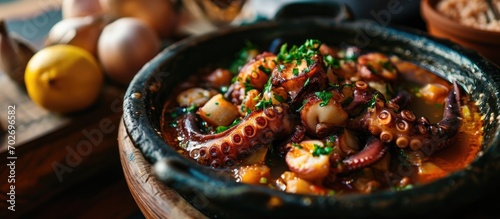 Spanish onion soup with baby octopuses, a traditional dish. photo