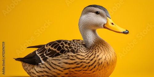 A duck with a black beak and white markings on its face, A duck with a yellow beak is standing yellow background, generative AI © Asad