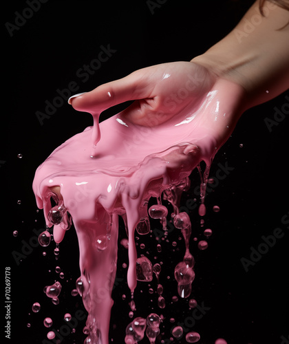 Hand immersed in viscous pink liquid, creating elegant drips photo