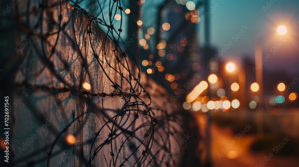 Barbed wire. Steel fencing wire constructed with sharp edges or points arranged at intervals along the strands. Prison barb wire - obrazy, fototapety, plakaty 