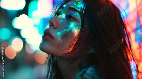 AI-generated illustration of a young woman presented wearing bright fluorescent body paint