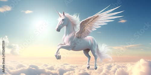 Fable Mount Magic Photo Background, A unicorn with wings that says'wings'on it, Pegasus with pink wings flies among the clouds generative ai   © Hadi