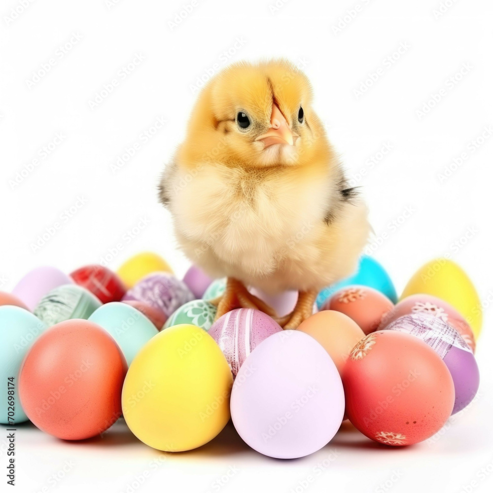 Easter Chick with colorful easter eggs, isolated on white background