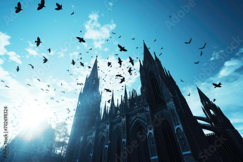 A majestic cathedral silhouette against a bright blue sky with birds soaring in the background photo