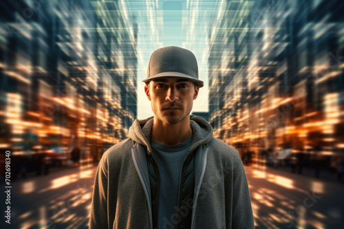A stylish man wearing a pixelated hat, standing in the middle of a modern cityscape, with a confident and determined look