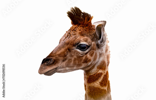 Closeup of a giraffe calf isolated on a white background © Wirestock