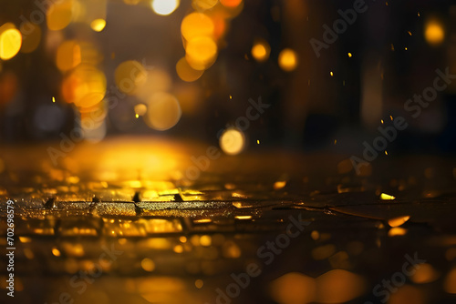 Golden bokeh, raining light, blurry lights, blurry background, gold confettis, yellow and orange, night lights, city lights, haze, depth of field © desy