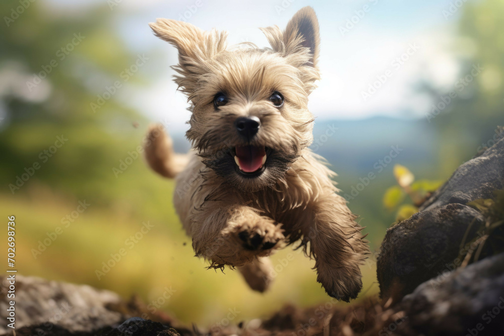 A Cairn Terrier puppy running towards the camera, its paws barely touching the ground as it jumps up and down in joy. Its eyes are wide open, filled with enthusiasm and excitement